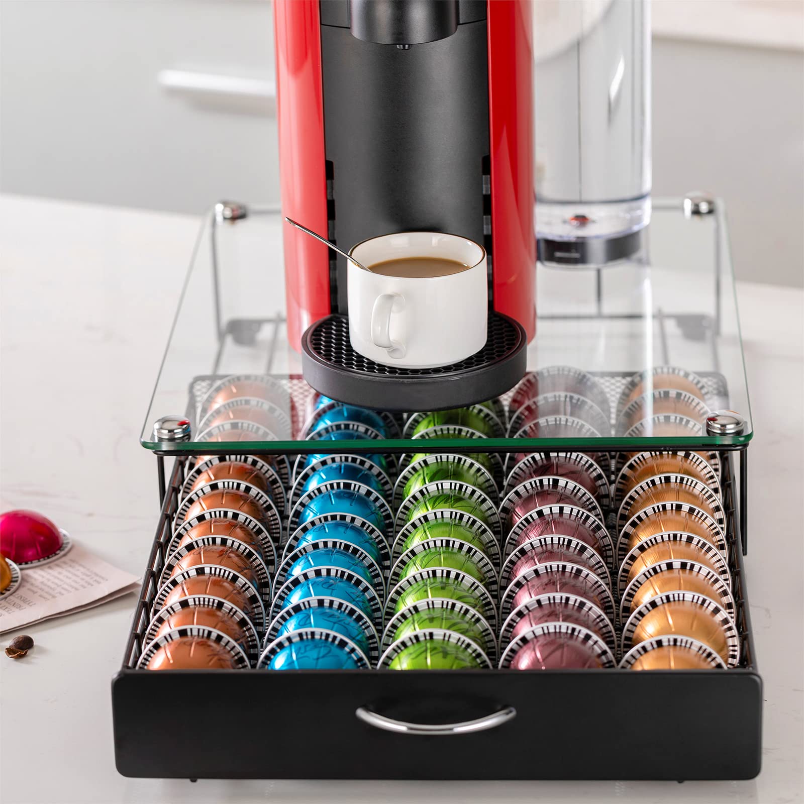 Rice rat Vertuo Capsule Holder Drawer for Nespresso With Glass For Cabinet Vertuoline Pod Storage Rack For Counter (Class-50 Pods（With handle）)
