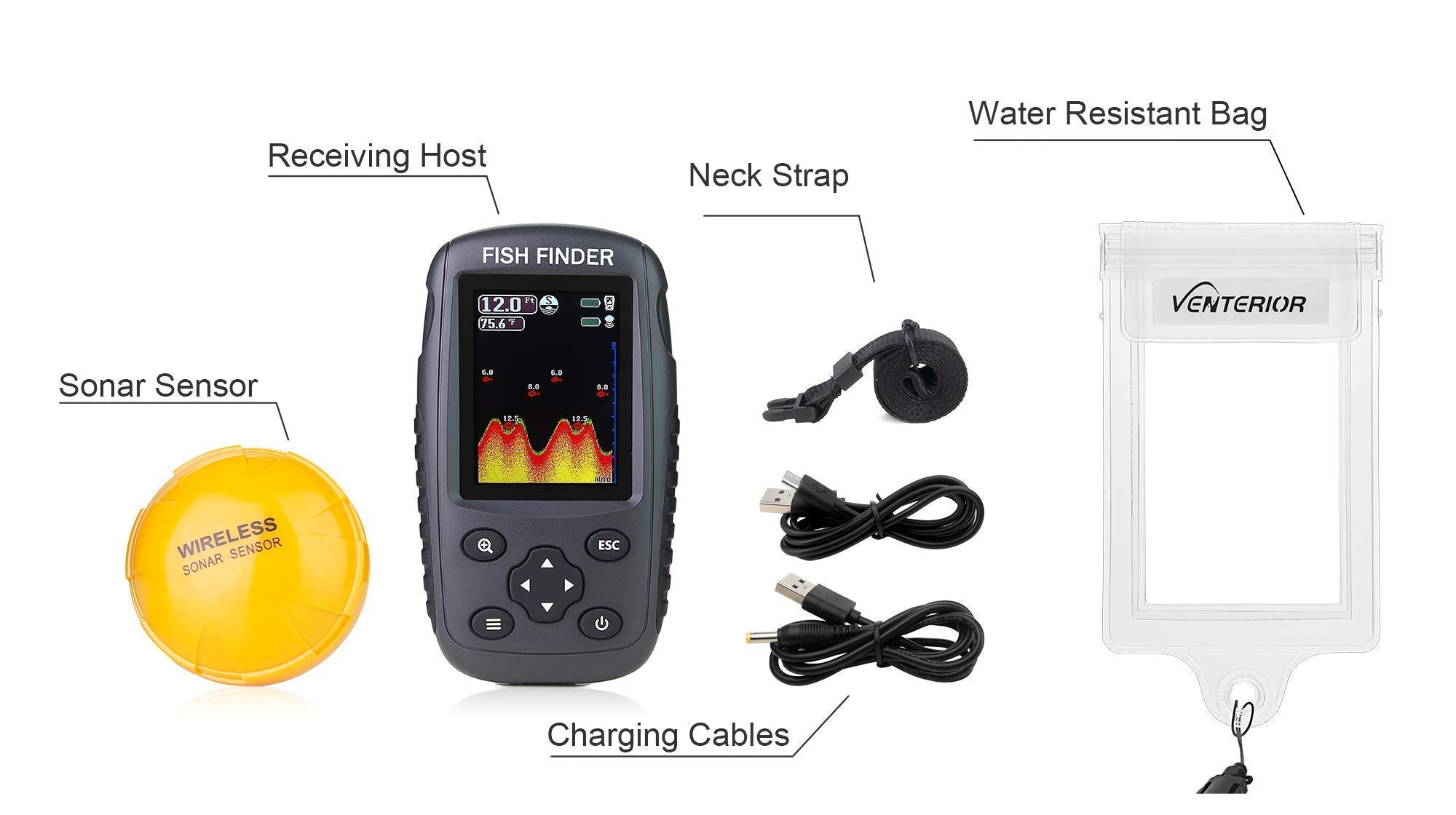 Venterior Portable Rechargeable Fish Finder Wireless Sonar Sensor Fishfinder with Water Resistant Bag Case