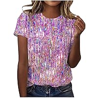Women's Party Cute Tops Fashion Shimmer Glitter Dressy Blouses Summer Short Sleeve Crewneck Dressy Casual T-Shirts