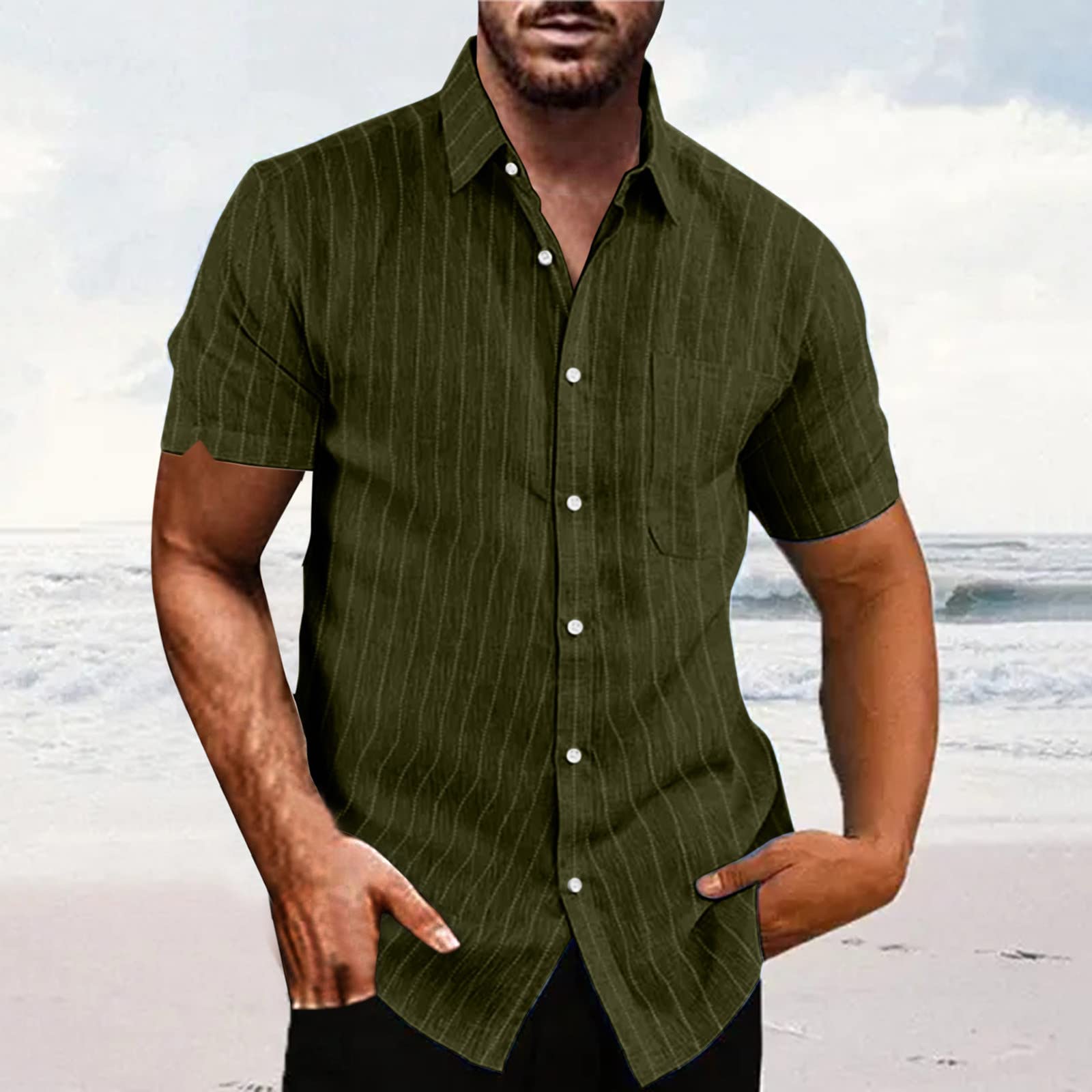 Men Linen Style Short Sleeve Shirts Beach Casual Button Down Formal Dress  Shirt