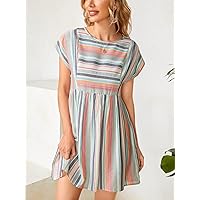 Women's Dress Striped Batwing Sleeve Smock Dress Summer Dress (Size : Large)