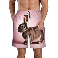 Cute Rabbits Print Men's Beach Shorts Tropical Hawaiian Style,Quick Dry Casual Summer Shorts Adjustable