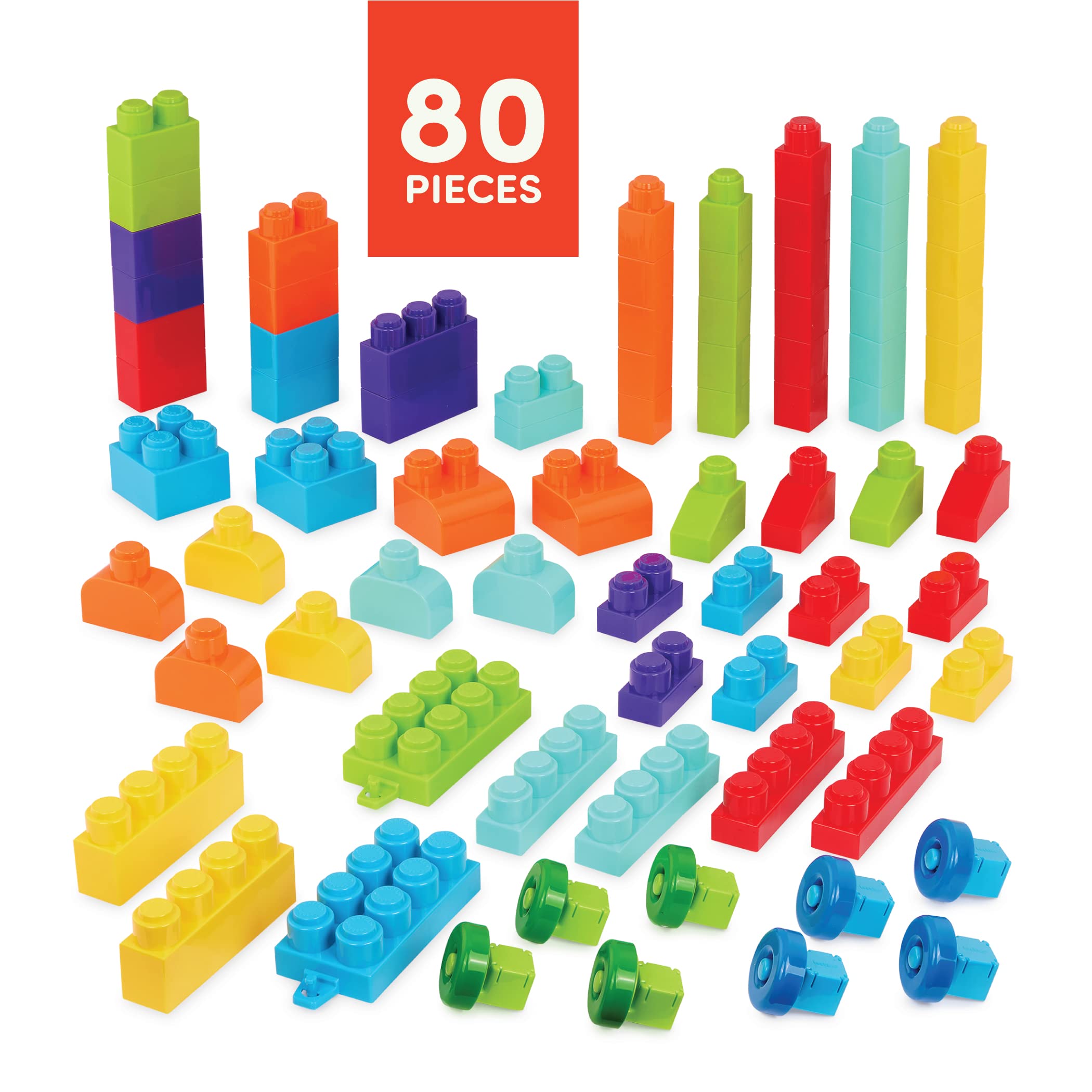 Battat – Large Building Blocks – 80 Colorful Pieces – 8 Wheel Bricks – Zippered Storage Bag – 12 Months + – Bag o' Blocks