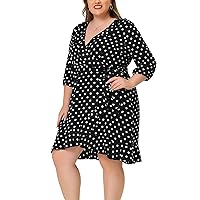 Agnes Orinda Wrap Dress for Women Plus Size Elegant V Neck 3/4 Sleeve Polka Dots Midi Fit and Flare Dress