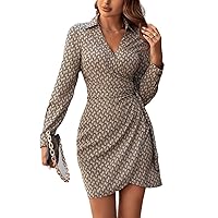 Dresses for Women Women's Dress Allover Print Knot Wrap Dress Dress (Color : Brown, Size : X-Small)