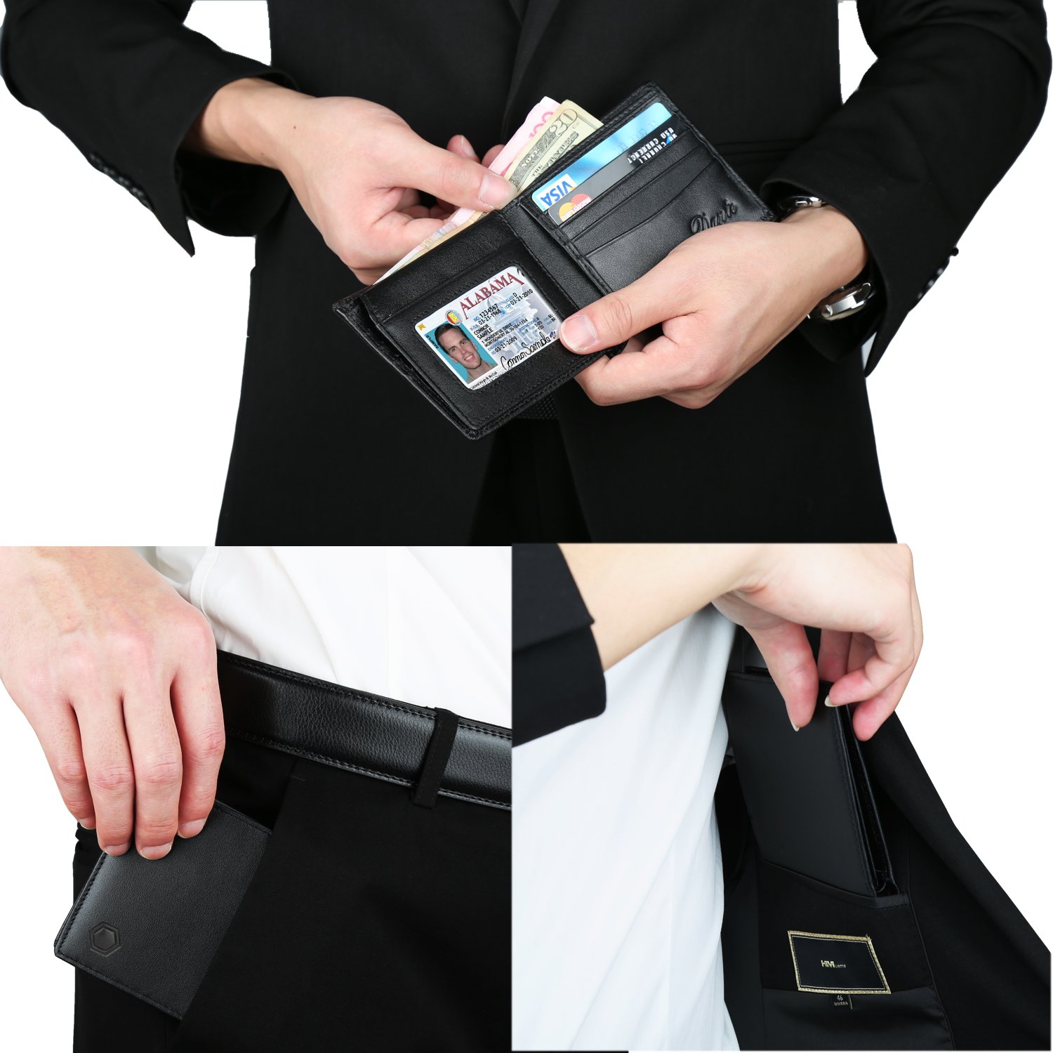 RFID Blocking Cowhide Leather Bifold Wallet for Men with 2 ID Windows(2 ID Window Black)