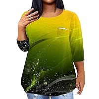 Plus Size Womens Summer Tops Oversized Tshirts for Women Gradient Color Novelty Casual Fashion Loose with 3/4 Sleeve Round Neck Blouses Yellow 3X-Large