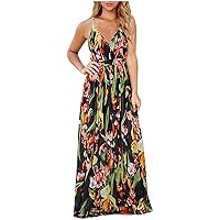 Women's Bohemian Dress Foral Print Hawai Sleeveless Long Floor Maxi Swing Round Neck Trendy Beach Flowy Casual Summer