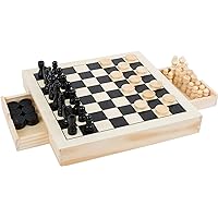 Small Foot 11208 3 in 1 Chess, Checkers & merels, Design Made of Wood, Classic Set with 56 Game Pieces, Ideal to take Away, for Children 6 Years and Upwards Toy, Multicolour