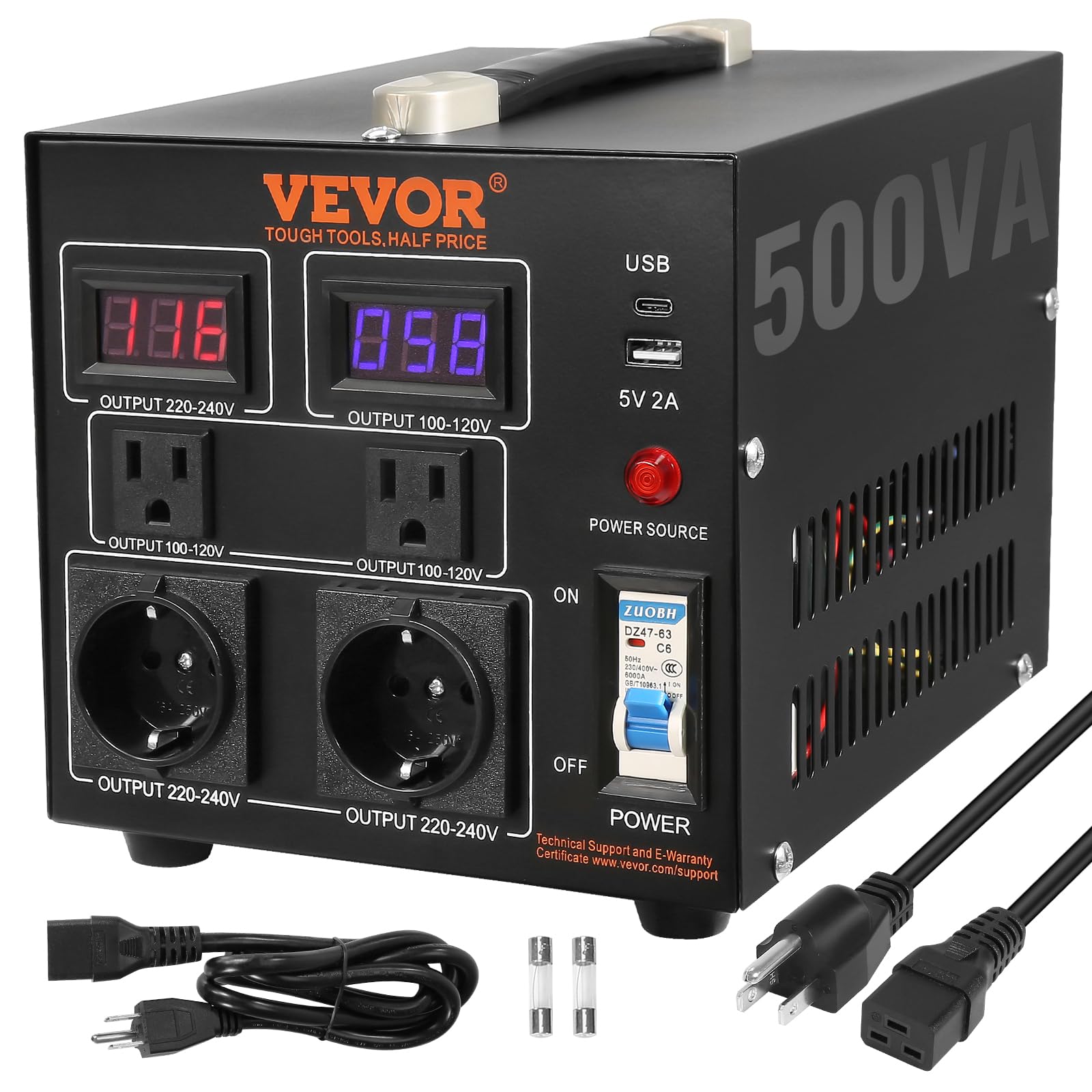 VEVOR Voltage Converter Transformer, 500W, Heavy Duty Step Up/Down Transformer, Convert from 110 Volt to 220 Volt and from 220 Volt to 110 Volt, with US Outlet EU Outlet 5V USB Port, CE Certified