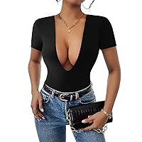 Women's Deep V-Neck Bodysuit Short Sleeve Sexy T-shirt Tops Body Suits for Women Going Out.