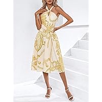 Dresses for Women - Random Print Halter Neck Dress (Color : Yellow, Size : X-Small)