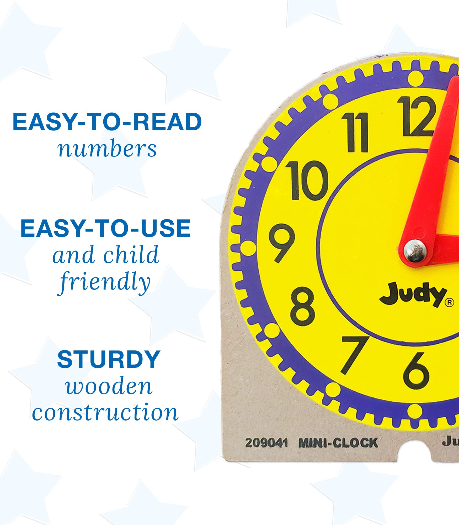 Carson Dellosa Mini Judy Clock Set— Grades K-3 Math Manipulatives for Telling Time, Colorful Wooden Mini Clocks With Movable Hour and Minute Hands, 4