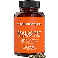 Real Mushrooms RealBoost Mushroom Supplement Blend with Cordyceps Mushroom, Ginseng Extract & Guayusa Extract - Natural Energy Booster, Immune Defense, Mood Support & Brain Booster Supplement, 60ct