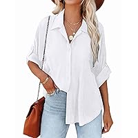 Hotouch Womens Cotton Linen Shirts Roll-Up Sleeve Button Down Collared Shirt Summer Casual Long Sleeve Loose Fit Solid Blouse