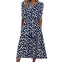 Going Out Dresses for Women Summer Floral Causal V-Neck Button Short Sleeve Midi Dress with Pockets Loose Beach Sundresses Blue