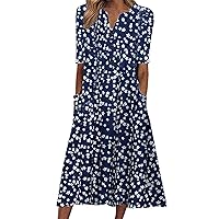 Summer Dresses for Women 2023 Midi Dress Floral Print Button Down Boho Long Dress V Neck Short Sleeve Beach Sundresses