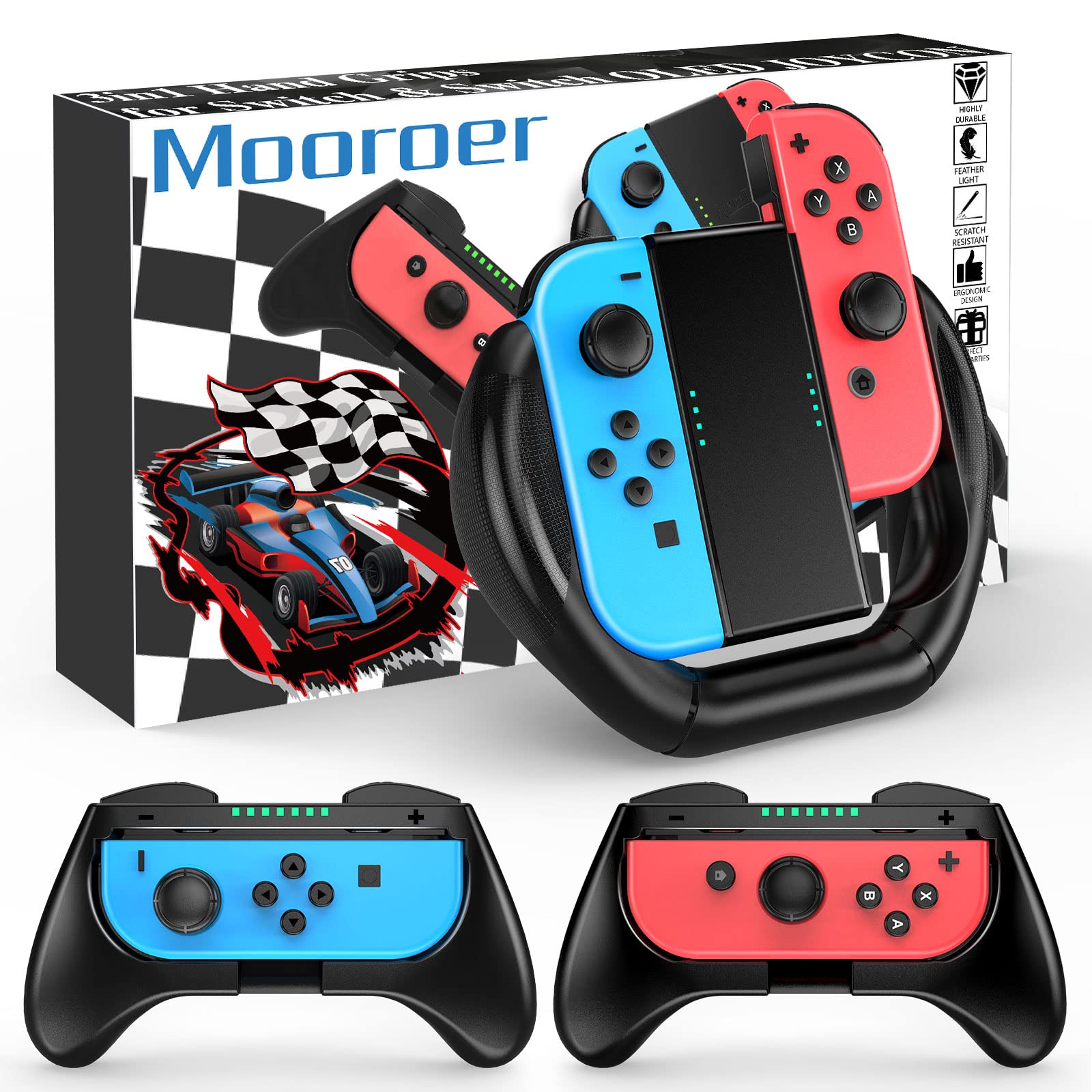 Mooroer Grip Compatible with Nintendo Switch & Switch OLED Joy-Con, Joy-Con Controller Comfort Grip Kit for Nintendo Switch Joy Con, Joy-Con Steering Wheel & Grips, 3 Pack [Black]