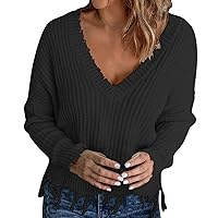 Womens Pullover Knit Sweaters Women Loose Casual V Neck Pullover Hem Fringe Solid Color Knit Sweater Over S
