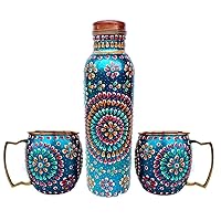Handmade Copper Outer Hand Painted Art Work turquoise color Water Bottle (Joint Free & leak proof) and Mug - Cup 16 oz (2)