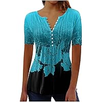 Ceboyel Women Short Sleeve Summer Tops 2023 Floral T Shirts Button V Neck Causal Blouses Trendy Dressy Ladies Fashion Clothes