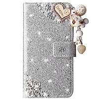 XYX Wallet Case for Samsung Galaxy A35 5G 6.5 inch, Glitter Love Five Leaves Diamond Luxury Flip Card Slot Girl Women Phone Case Protection Cover, Silver