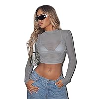 Sexy Grey Mesh Crop Top with Ruched Detail and Stand Collar