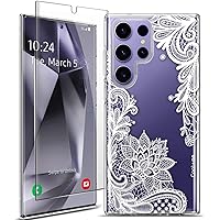 Coolwee Clear White Lace for Galaxy S24 Ultra Case, [Glass Screen Protector] Shockproof Thin Mandala Henna Flower Slim Cute Women Hard Back Soft TPU Bumper Protective for Samsung S24 Ultra 6.8 inch