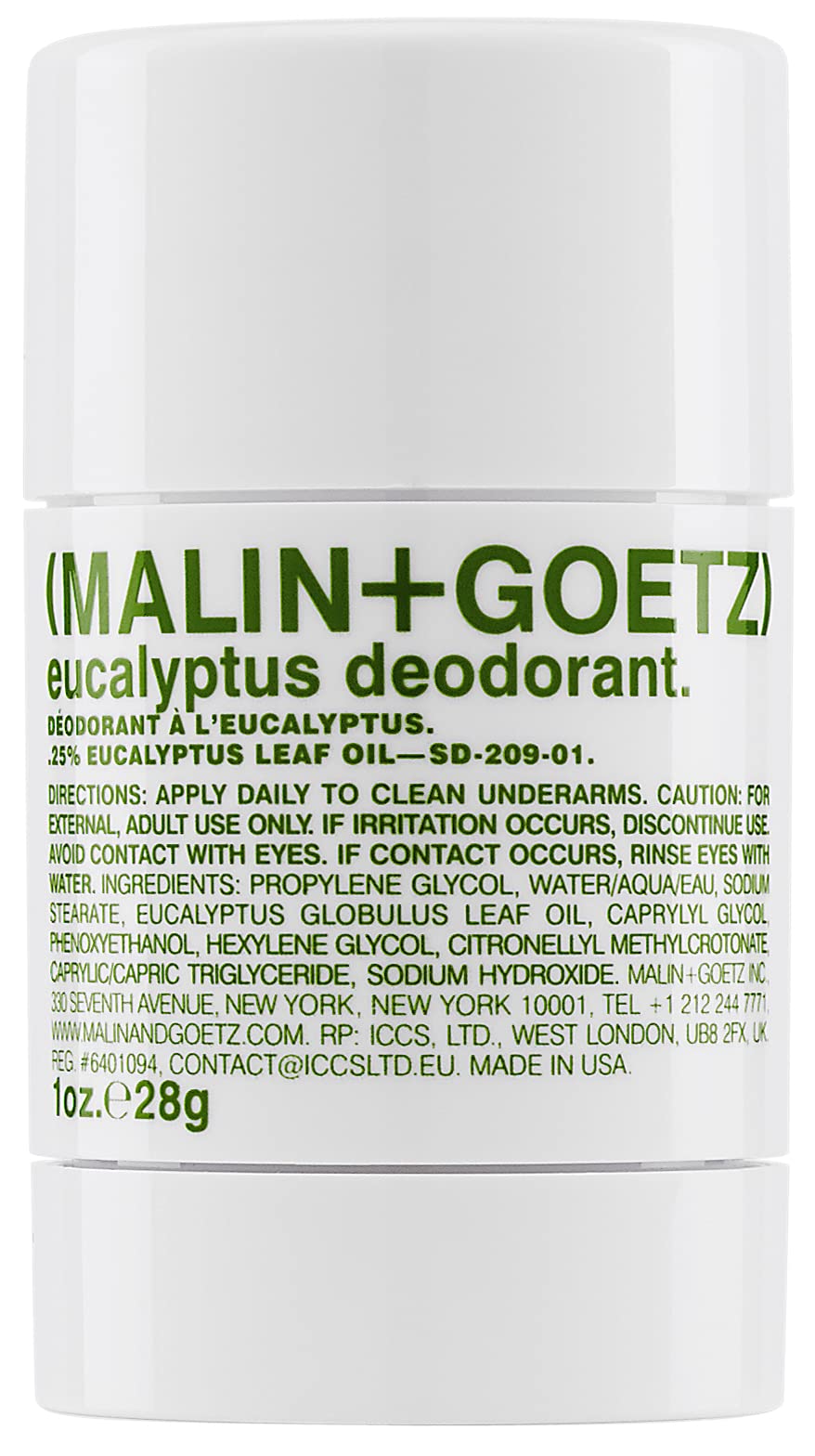 Malin + Goetz Eucalyptus, Bergamot, and Botanical Deodorant, with natural ingredients, effective odor and sweat protection, all skin types, no residue or stains, no aluminum, alcohol, 2.6 Fl Oz.