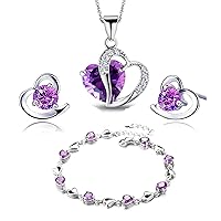 Findout Jewelry Set for Women, Sterling Silver Amethyst Red Pink Blue Clear Green Crystal Heart Pendant Necklace and Earrings with Bracelets Jewelry Sets for Women and Girls(heart Amethyst set)