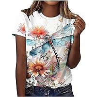 Summer Tops for Women Dragonfly Graphic Tees Cute Animal Print Tshirts Vintage Floral Shirts Dressy Casual Blouses