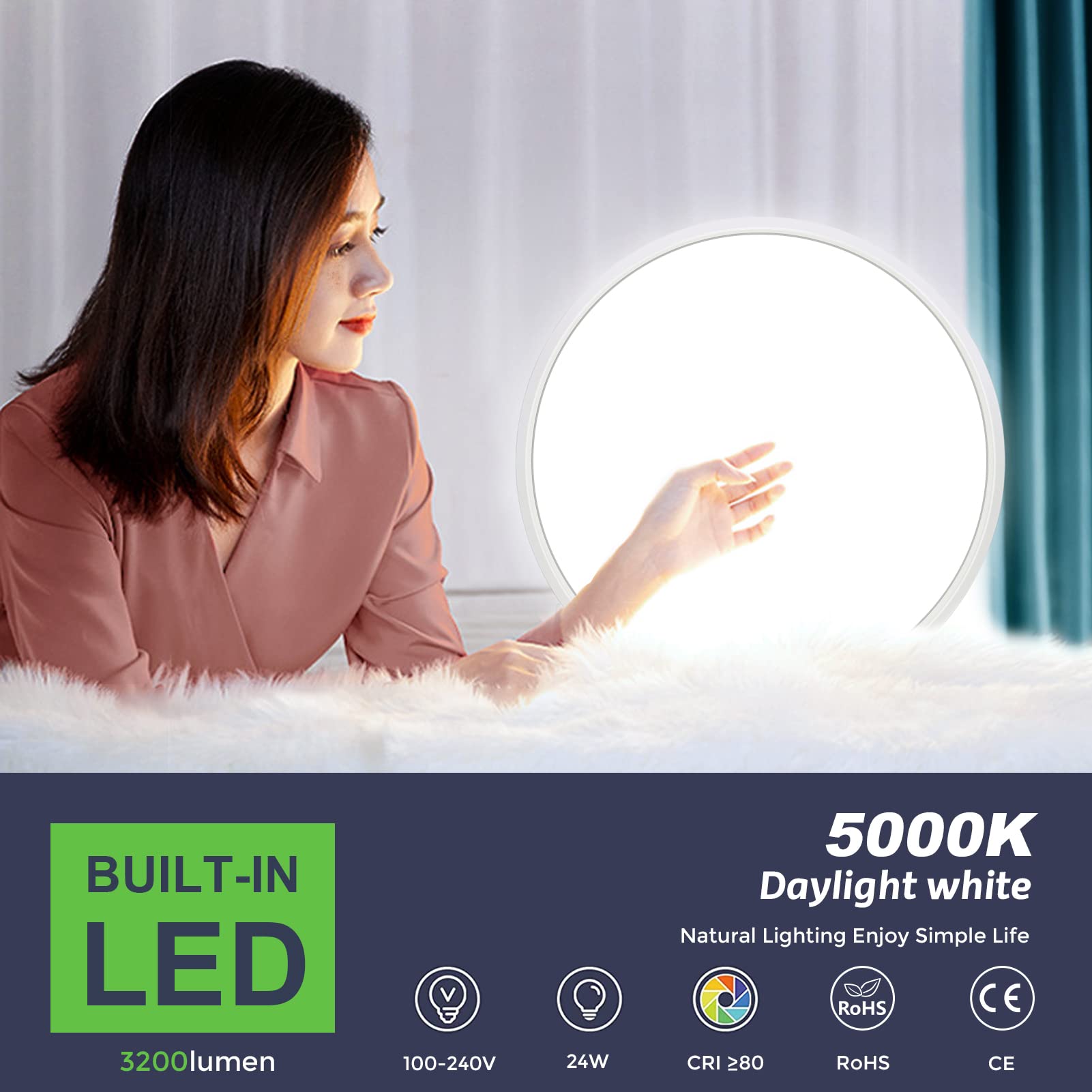 12 Inch LED Flush Mount Ceiling Light Fixture, 5000K Daylight White, 3200LM, 24W, Flat Modern Round Lighting Fixture, 240W Equivalent White Ceiling Lamp for Kitchens, Stairwells, Bedrooms.etc.