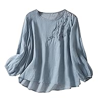 Women's Fashion Embroidery Bohemian Cotton Tops Lantern Sleeve Vintage Linen Shirt Tunic Summer Casual Blouses 2024