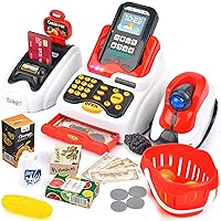 Victostar Toy Cash Register for Kids with Checkout Scanner,Fruit Card Reader, Credit Card Machine, Play Money and Food Shopping Play Set