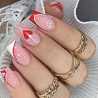 Valentine's Day Press on Nails Medium Length - French Tip Press on Nails Red Heart Deigns Glossy Pink Fake Nails with Square Valentine's Acrylic Nails Full Cover False Nails for Women and Girls 24 Pcs