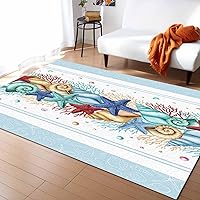 Rectangular Area Rug for Living Room, Bedroom, Aqua Coastal Non-Slip Residential Carpet, Kitchen Rugs, Nautical Starfish Coral Shell Beach Ocean Floor Mat with Rubber Backing 2'7