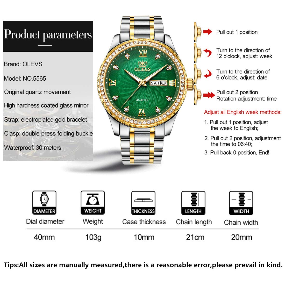 OLEVS Luxus Diamant Uhren für Herren Wasserdicht Herren Feine Business Casual Uhr Kalender Woche Analog Quarzuhr für Weihnachten