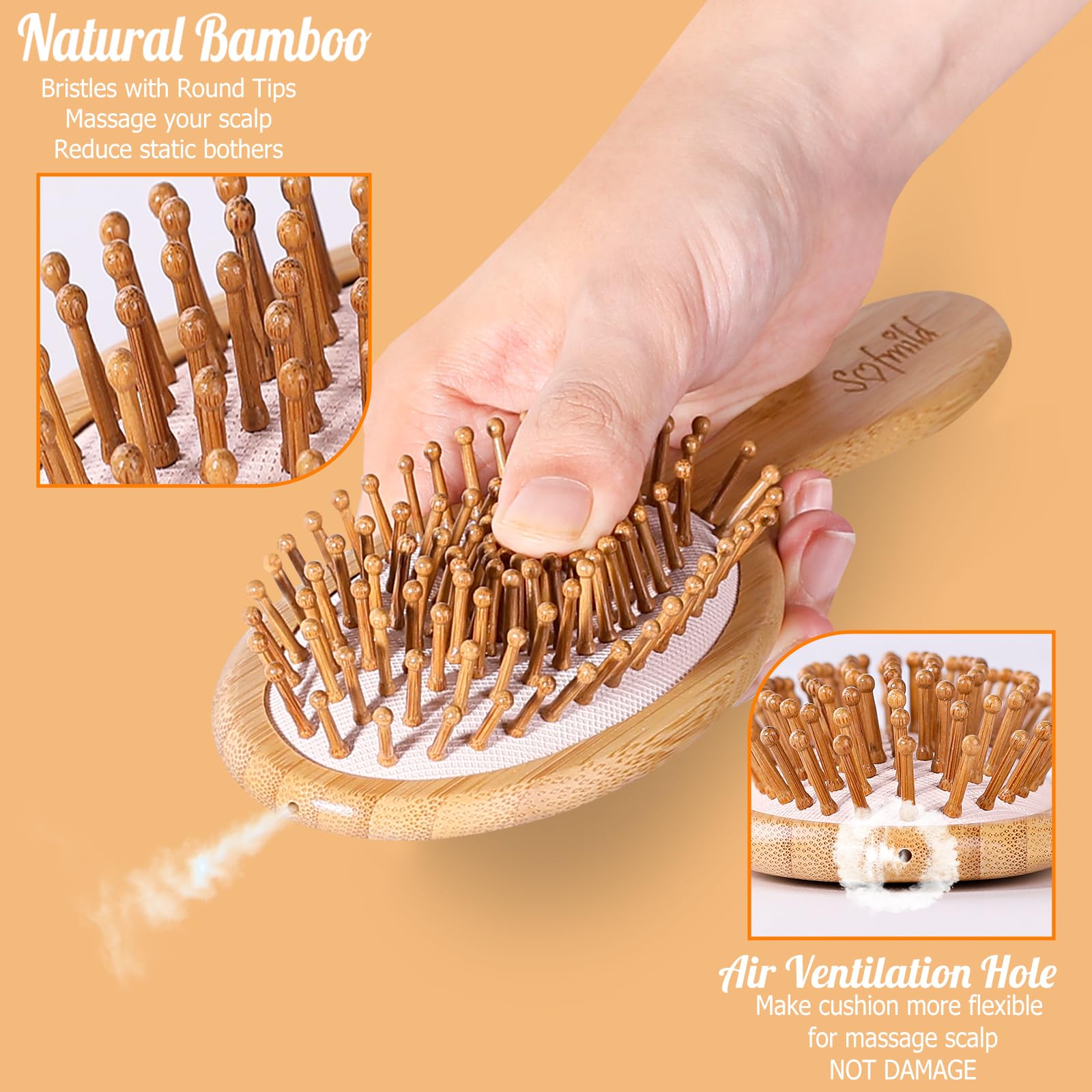 Sofmild Bamboo Hair Brush-Bamboo Paddle Brush for Massaging Scalp Increase Hair Growth