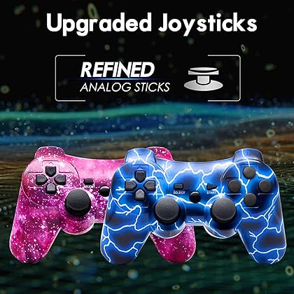 Bowei PS3 Controller Wireless 2 Pack Double Shock Gamepad for Playstation 3 Remotes, Six-Axis Wireless PS3 Controller with Charging Cable, Blue+ Purple