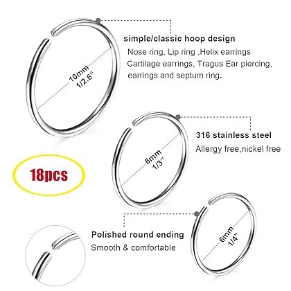 LOYALLOOK 18-24Pcs 20G 316L Stainless Steel Nose Ring Hoop Cartilage Hoop Septum Piercing 6-12mm