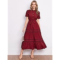 TAMIRA Fall Dresses for Women 2022 Puff Sleeve Ruffle Hem Self Tie Shirt Dress (Color : Burgundy, Size : Small)
