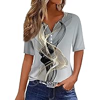 Spring Tops for Women 2024 T Shirt Print Button Short Sleeve Daily Weekend Fashion Basic V- Neck Regular Top