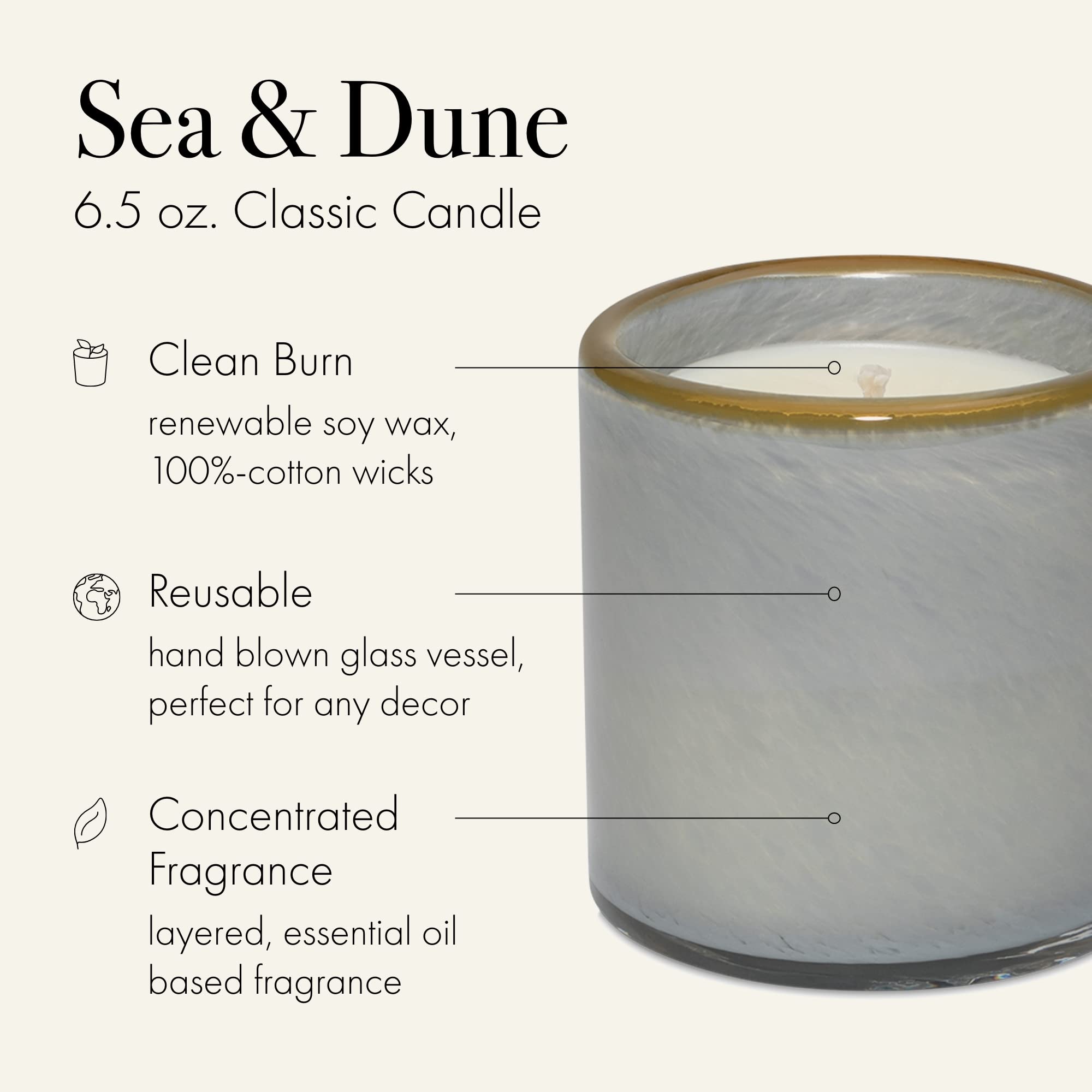 LAFCO New York Classic Candle, Sea & Dune - 6.5 oz - 50-Hour Burn Time - Reusable, Hand Blown Glass Vessel - Made in The USA