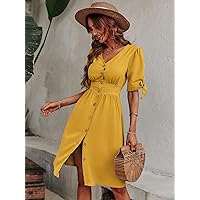 Summer Dresses for Women 2022 Knot Cuff Button Front Dress Dresses for Women (Color : Mustard Yellow, Size : Small)