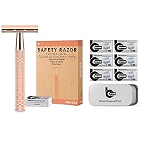 Rose Gold Safety Razor Kit, Includes 1 Safety Razor with 10 Blades and 1 Razor Blade Bank with 30 Blades