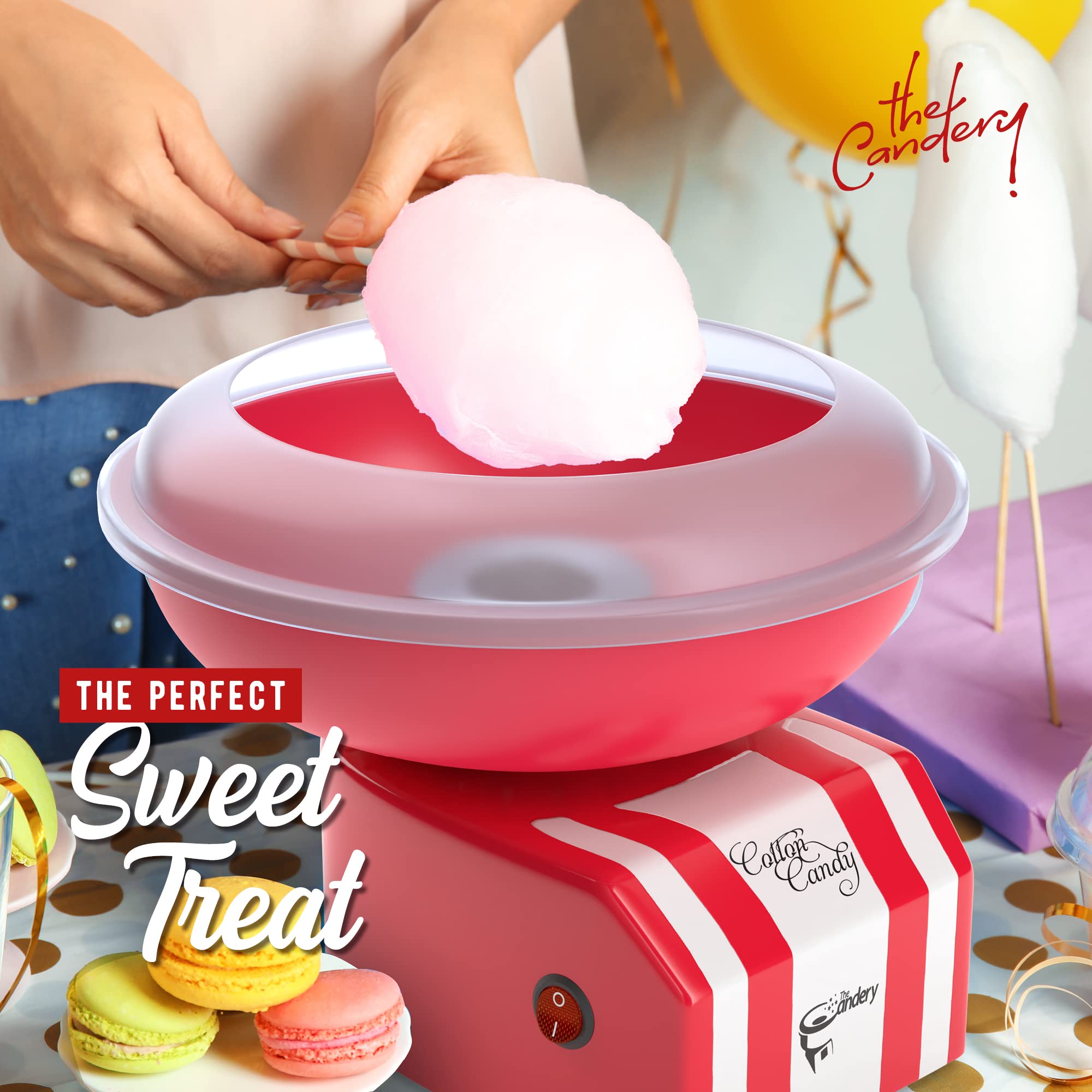 The Candery Cotton Candy Machine - Bright, Colorful Style- Makes Hard and Sugar Free Candy, Sugar Floss, Homemade Sweets for Birthday Parties - Includes 10 Cones & Scooper