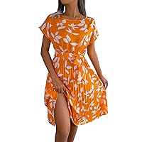 Summer Dresses for Women Women's Casual Leaf Printed Short Sleeved Large Pleated Dress