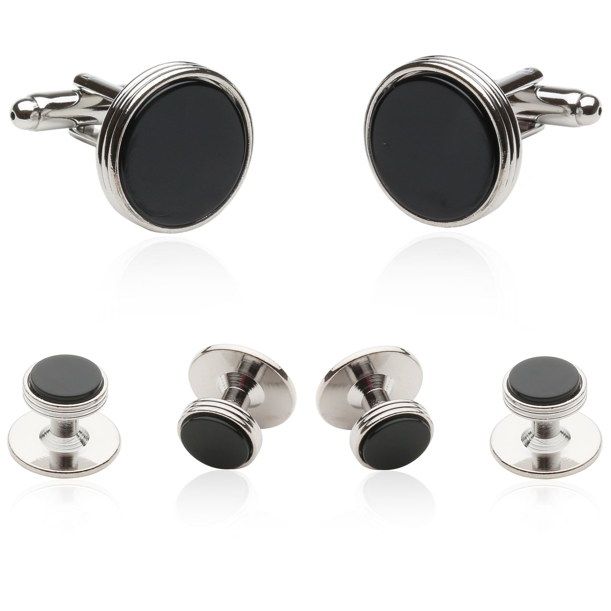 Mens Tuxedo Cufflinks and Studs Formal Set in Black Onyx and Silver with Travel Presentation Gift Box Men Cufflinks for Wedding Groomsmen Jewelry