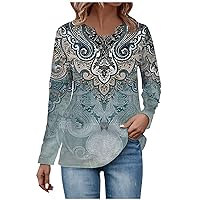 Warm Tops for Women Winter Fashion Floral Print Eyelet Collar V Neck T-Shirt Sexy Long Sleeve Button Down Shirts
