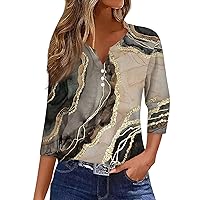 Women 3/4 Sleeve Tops Button V Neck Cute Shirts Casual Print Trendy Blouses Three Quarter Length Loose Shirts Pullover
